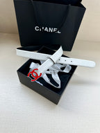 Leather belt with Chanel logo buckle, light cream strap in gift box