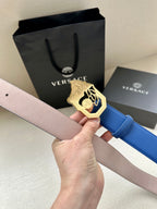 Versace belt with blue leather strap and gold-toned Medusa buckle