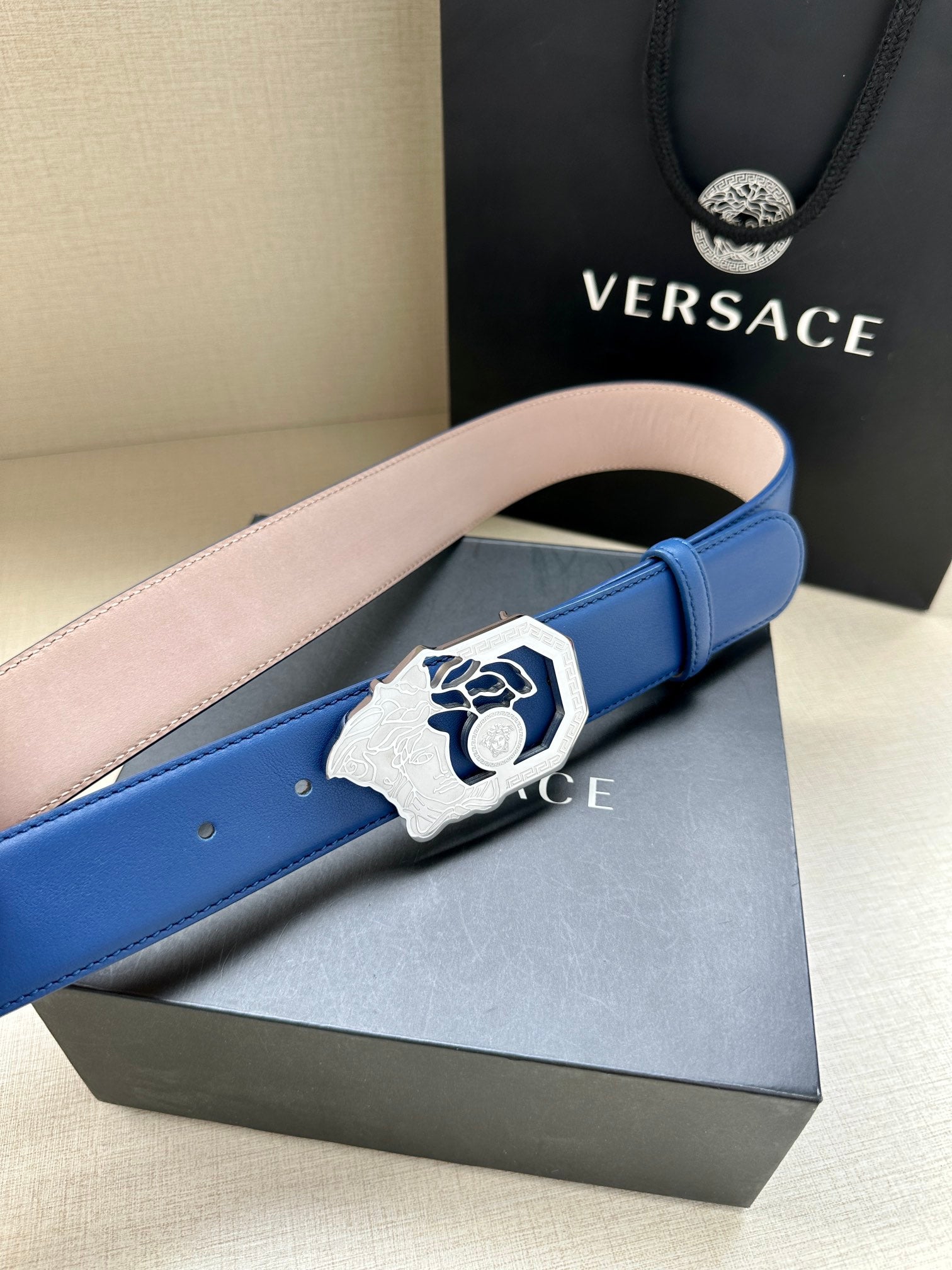 Versace belt, blue strap with silver-toned buckle and Medusa motif