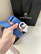Versace belt with blue strap and silver-toned Medusa buckle detail