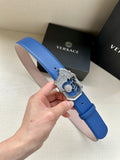 Versace belt with blue leather strap and silver-toned Medusa buckle
