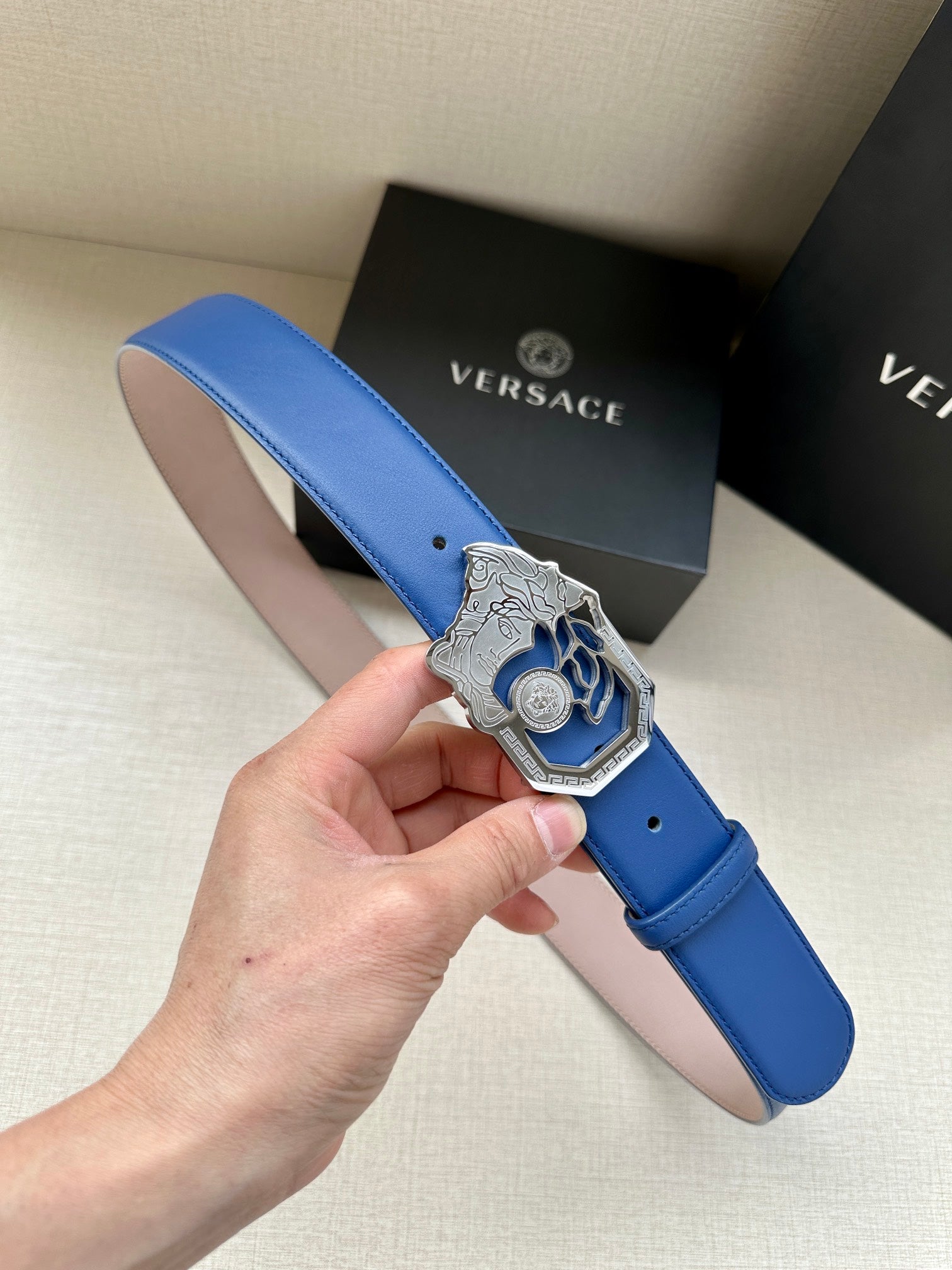 Versace belt with blue leather strap and silver-toned Medusa buckle