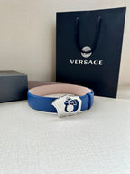 Versace belt in blue leather with silver-toned buckle and Medusa motif