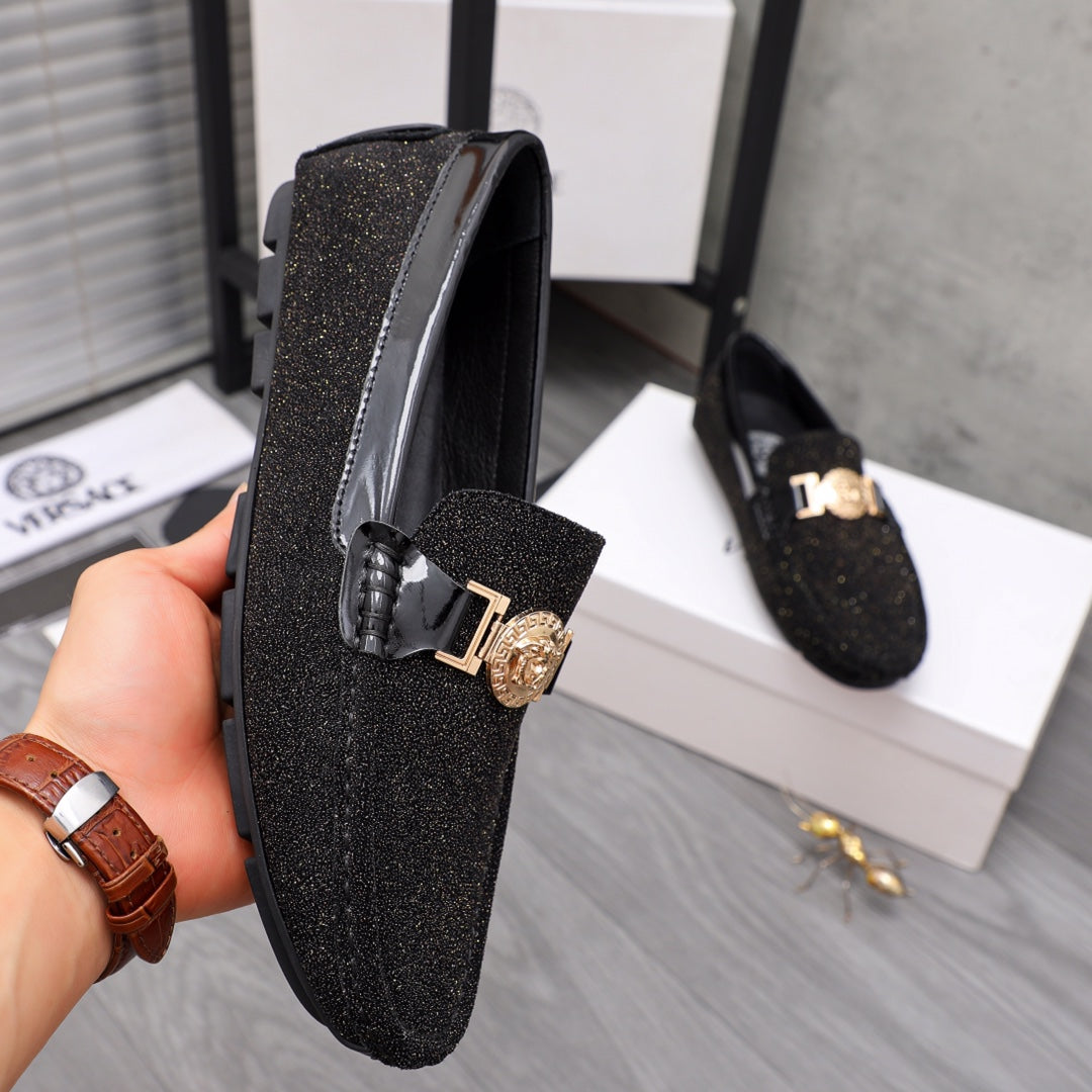 Versace black glitter loafer with gold buckle detail, profile view