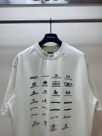 Balenciaga white short-sleeve T-shirt with scattered black Balenciaga logos