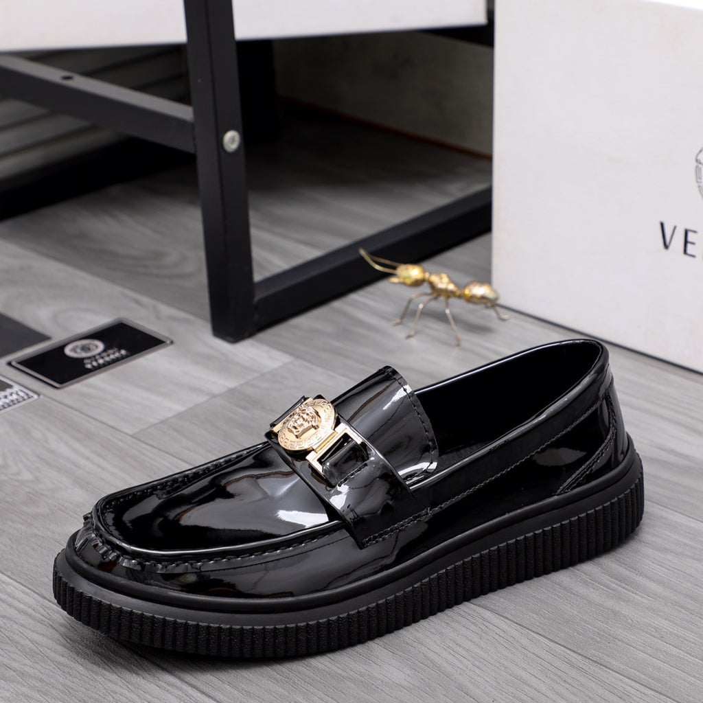 Versace glossy loafers with front strap buckle and thick ribbed platform sole