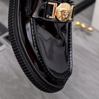 Versace patent loafer with square gold buckle and engraved medallion emblem