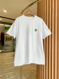 White short-sleeve crewneck T-shirt with small black chest logo on front.