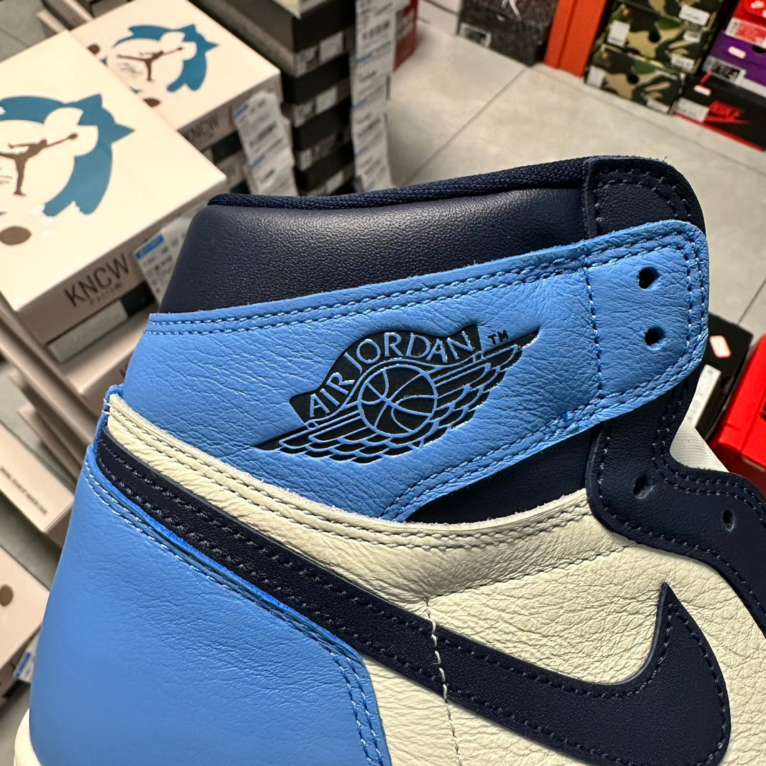 Air Jordan 1 sneaker heel patch with wings logo in light blue on navy