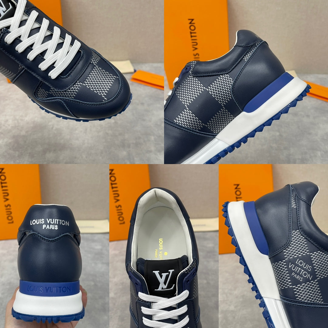 Navy Louis Vuitton sneakers collage: side, heel, logo tongue, and blue outsole details