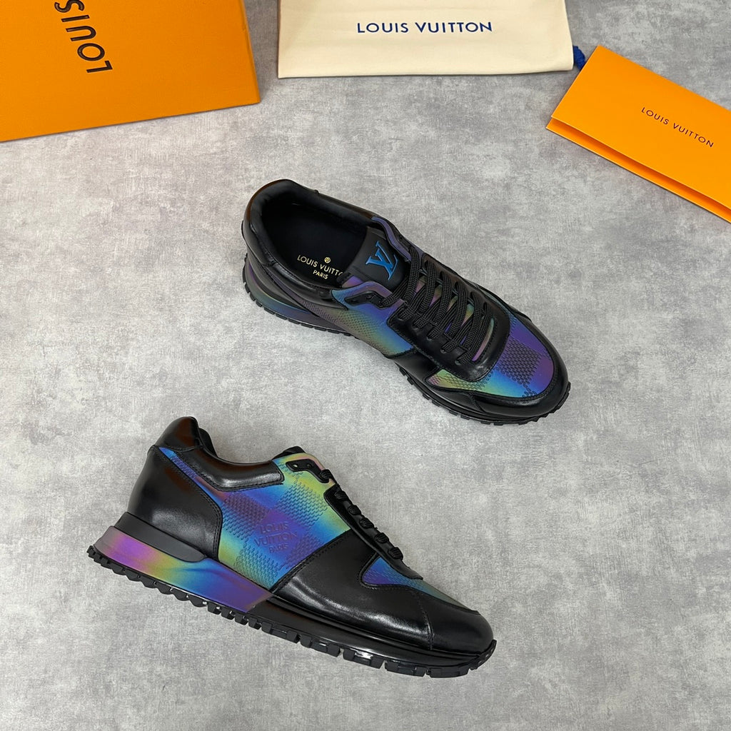 Side views of low-top sneakers with iridescent multicolor panels and black laces.