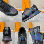 Sneakers shown from heel, side, and tongue: iridescent multicolor panels and tread.