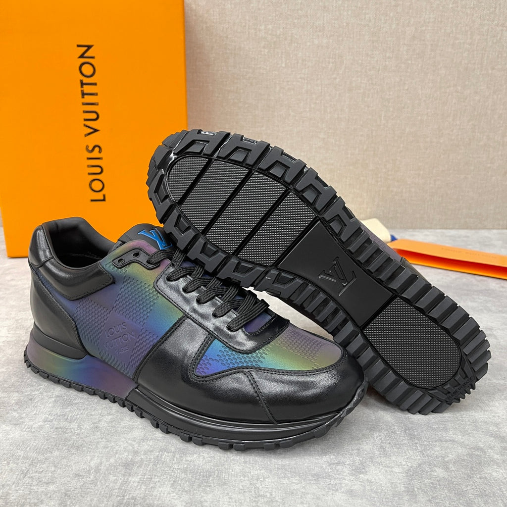 Low-top sneakers with iridescent panels, lace-up front, and textured tread outsole.