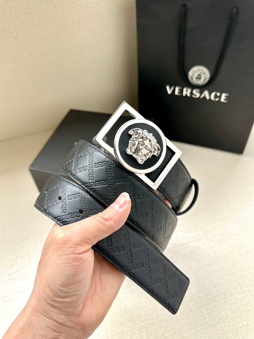 Versace belt with dark patterned strap and silver-tone square buckle