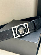 Versace belt with dark patterned strap and silver-tone square buckle with lion medallion