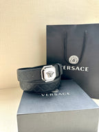 Versace belt, dark patterned leather with silver lion medallion buckle
