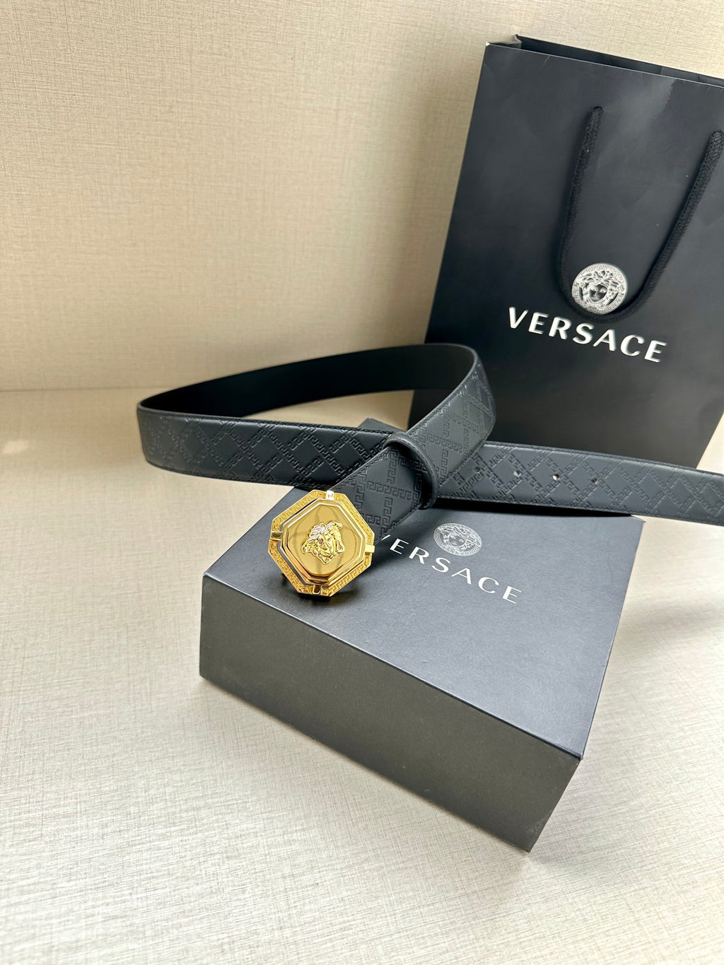 Versace belt, dark leather with gold lion medallion buckle and loop strap
