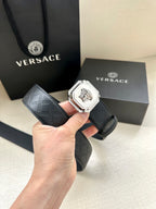 Versace belt, dark patterned leather with silver lion medallion buckle