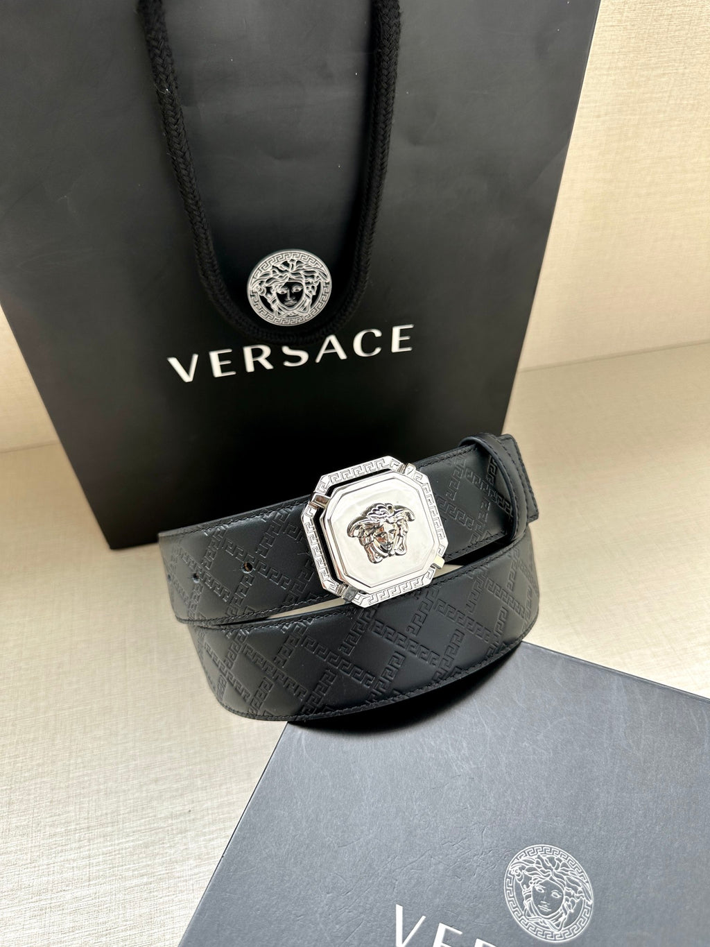 Versace belt, dark patterned leather with silver lion buckle and belt loop