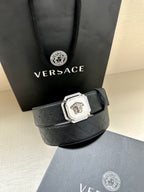 Versace belt, dark patterned leather with silver lion buckle and belt loop