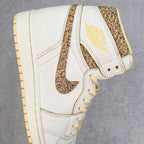Side view of white high-top sneaker with brown speckled strap, swoosh, and stitched panels.