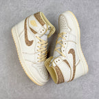 White high-top sneaker with brown speckled swoosh overlays and cream lace-up design.