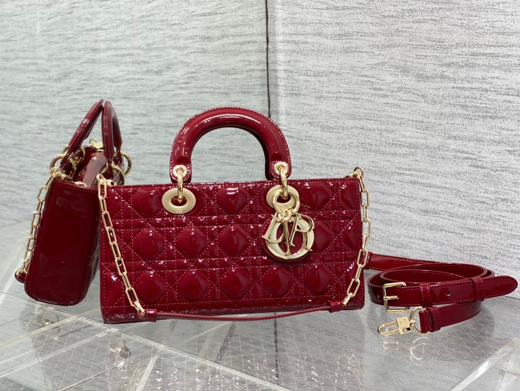 Dior handbag deep red quilted, top handles, gold chain strap.