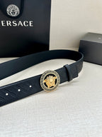 Dark leather monogram belt with gold Medusa buckle and adjustable holes