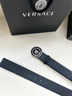 Versace belt accessories view: dark embossed strap with round medallion buckle