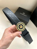 Versace belt in dark leather with embossed monogram and round gold-and-black medallion buckle