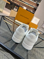 White Louis Vuitton sneakers viewed from the back, with rear logo on heel.