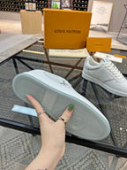 White Louis Vuitton sneakers outsole view with circular tread pattern on bottom.
