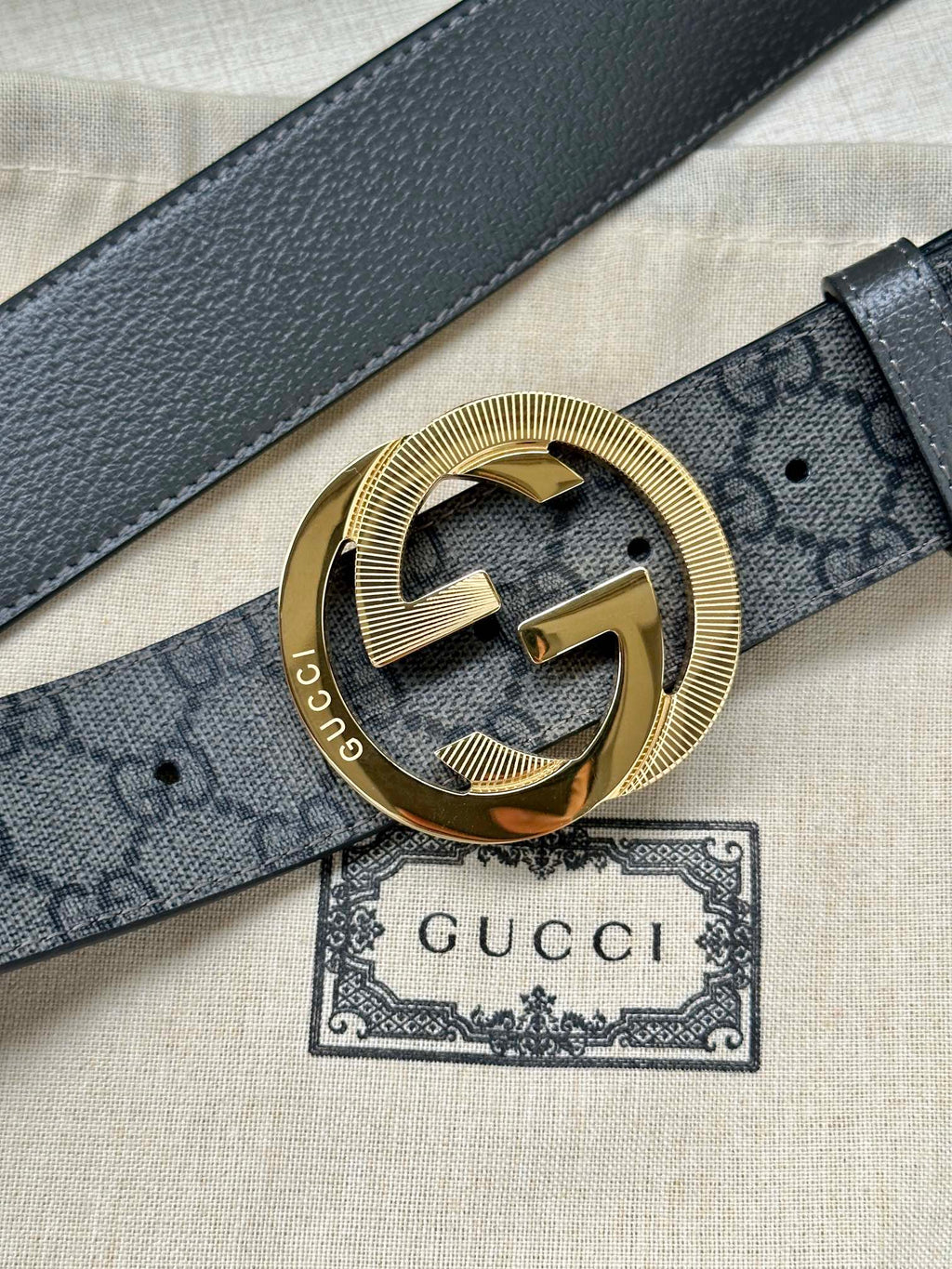 Gucci belt close-up: dark leather strap with GG canvas and gold-tone logo buckle