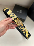 Versace belt in dark navy leather with gold floral print and Medusa buckle.