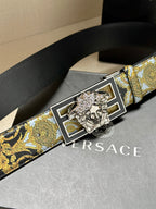 Versace belt with ornate patterned strap and silver-toned square buckle, close view