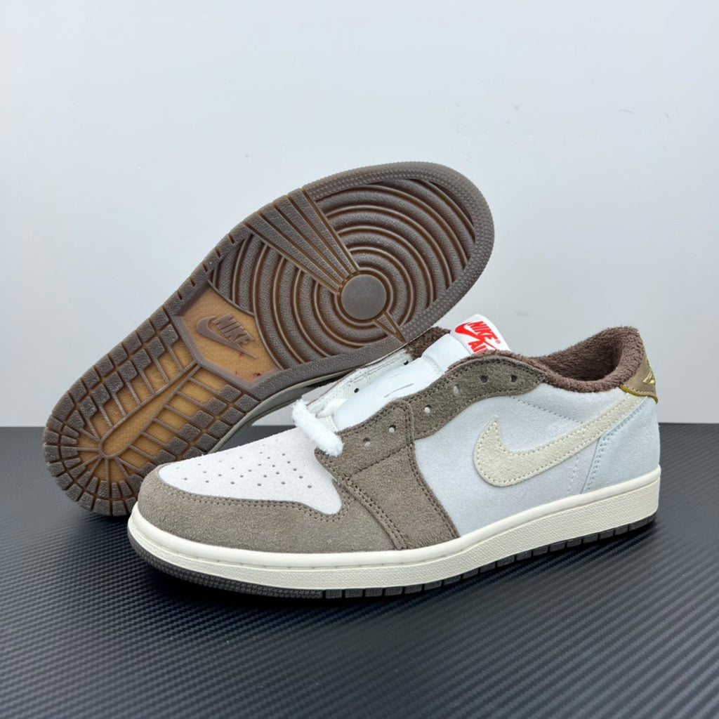 Low-top sneakers outsole view, brown rubber tread with circular traction pattern