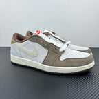 Low-top sneakers with white leather, brown suede, Nike Swoosh, red tongue logo