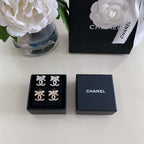 Rhinestone CC earrings in black gift box, plus matching dark blue presentation box