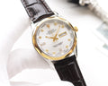 Rolex wristwatch with white dial, gold markers, black leather strap