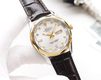 Rolex wristwatch with white dial, gold markers, black leather strap