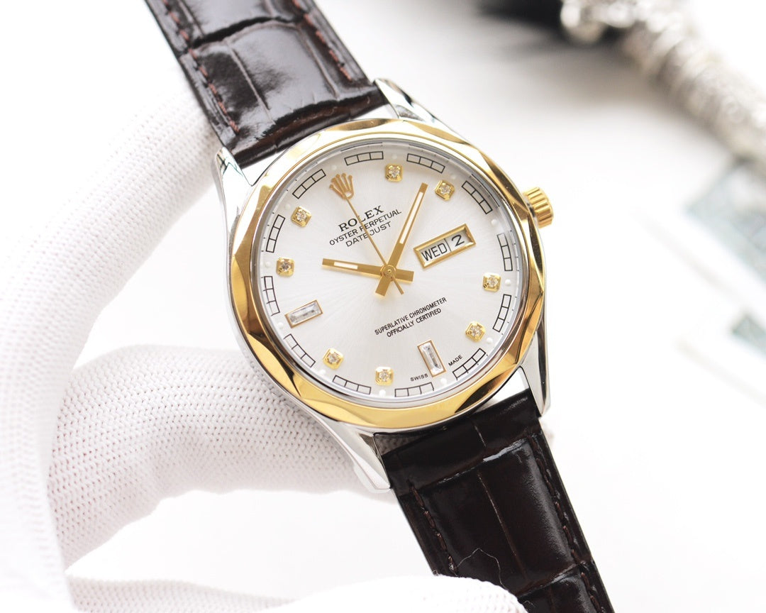 Rolex wristwatch with white dial, gold markers, black leather strap
