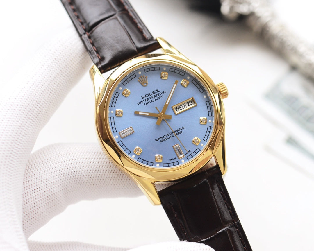 Rolex wristwatch with blue dial, gold markers, black leather strap