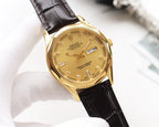 Rolex wristwatch with champagne dial, gold markers, black leather strap