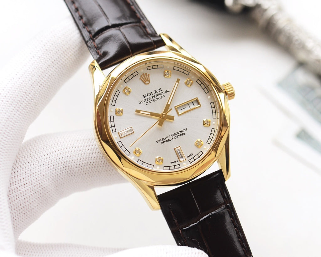 Rolex wristwatch with white dial and date window, black leather strap