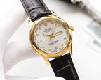 Rolex wristwatch with white dial and date window, black leather strap