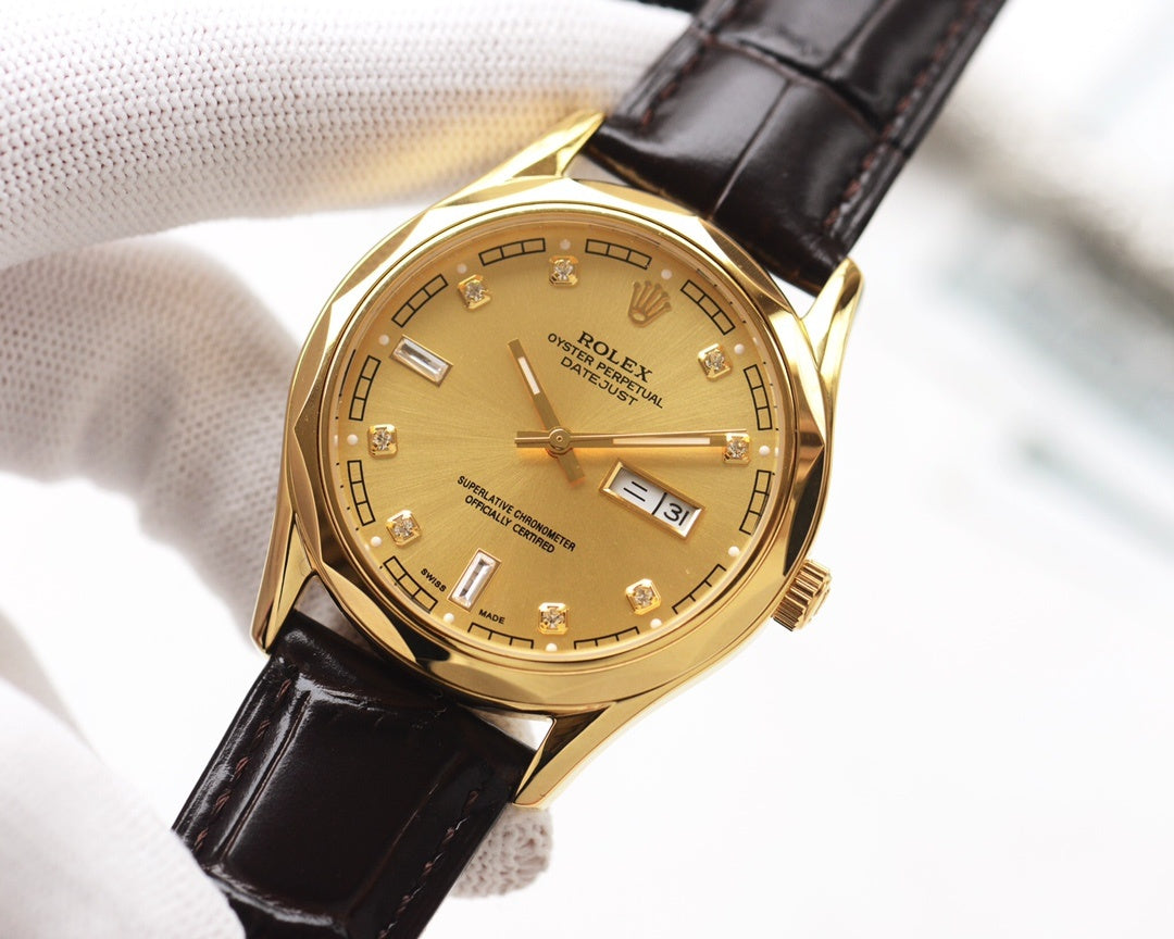 Rolex wristwatch with gold dial, gold markers, black leather strap