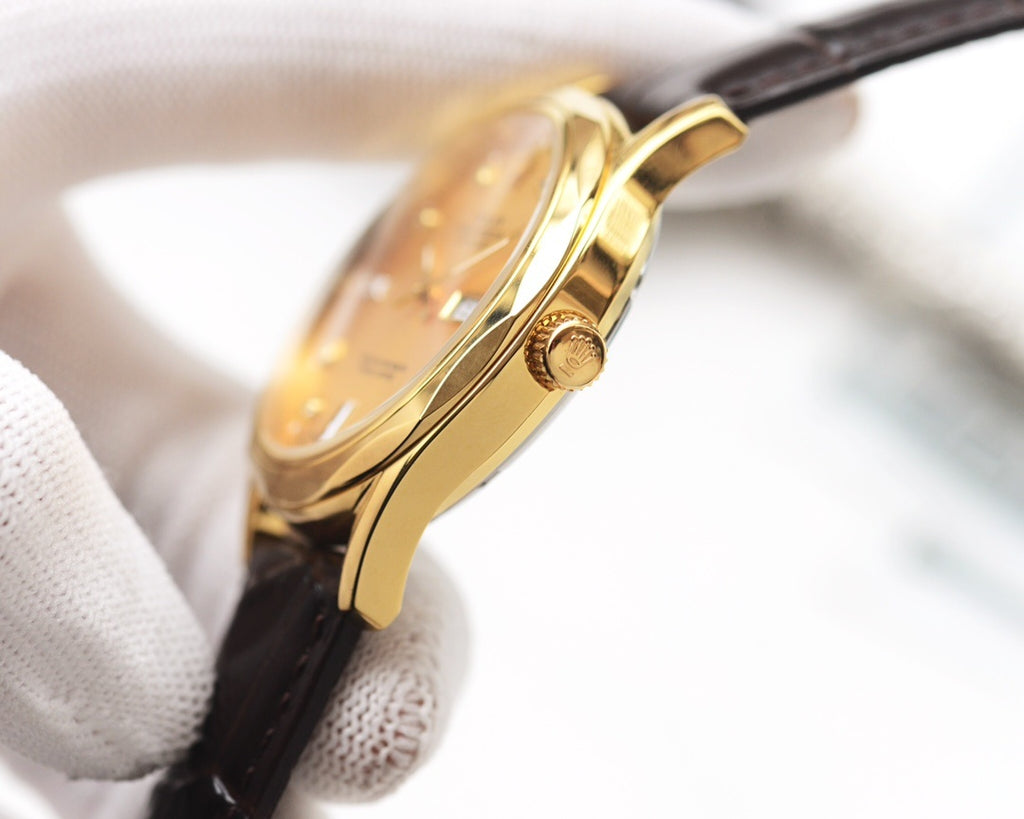 Rolex wristwatch side profile with crown and gold-toned case, black leather strap
