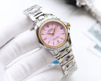 Rolex wristwatch with lilac dial, gold hands, stainless steel bracelet and bezel.