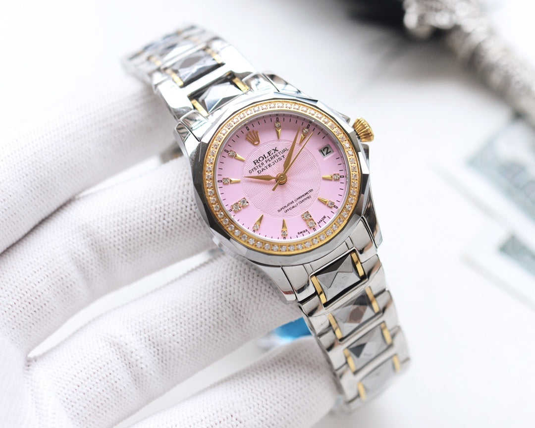 Rolex wristwatch with lilac dial, gold hands, stainless steel bracelet and bezel.