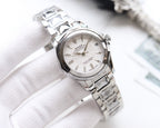 Rolex wristwatch with white dial, gold hands, stainless steel bracelet.